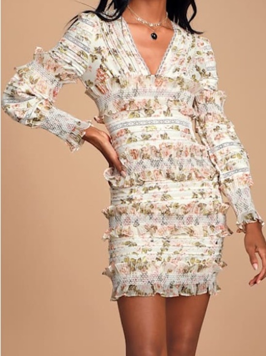 O.P.T. Dresses & Skirts - O.P.T. Flora Floral Print Ruffled Long Sleeve Bodycon Mini Dress Sz XL Coquette